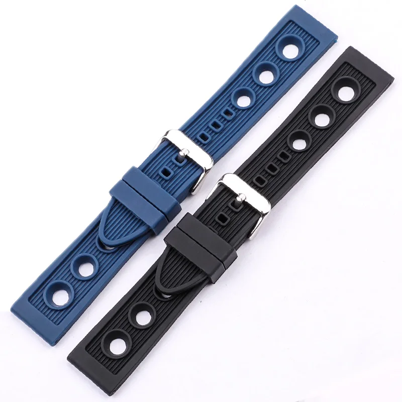 Silicone Watch Band Bracelet 22mm Black Blue Women Men Rubber Watch Strap Stainless Steel Polished Pin Buckle