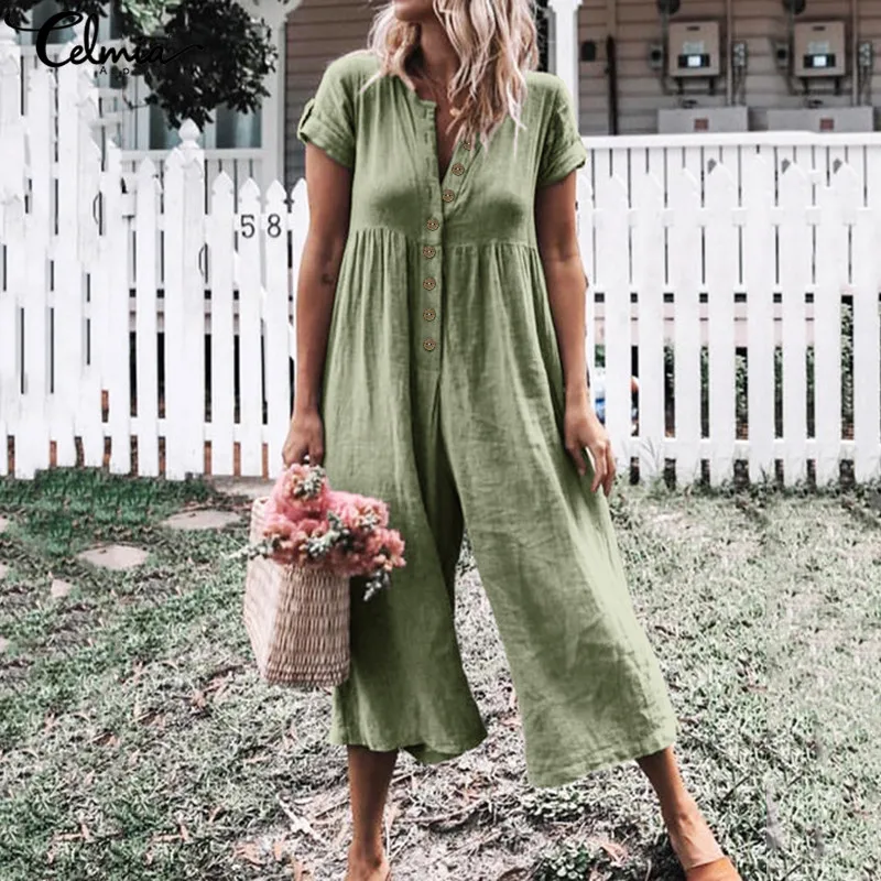 

Vintage Summer Jumpsuits Celmia Women Rompers Casual Solid Buttons Playsuits Short Sleeve Loose Wide Leg Pants Overall