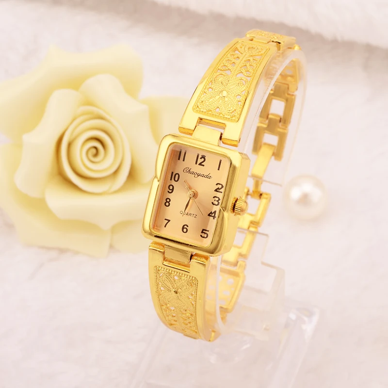 Gold/Silver Women Vintage Luxury Watches Elegant Quartz Fashion Rectangle Dial Watch Carved Pattern Bracelet Casual WristWatches