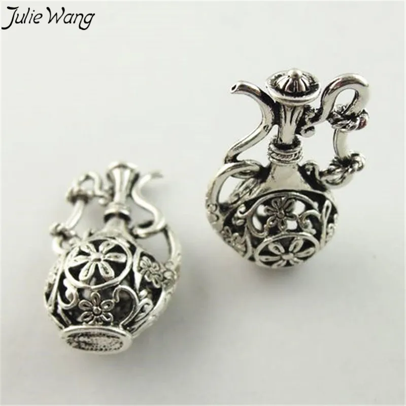 Julie Wang 6PCS Flower Wine Pot Hollow Bottle Flagon Tibetan Silver Tone Charms Pendants Vintage Style Accessories 37*20*14mm