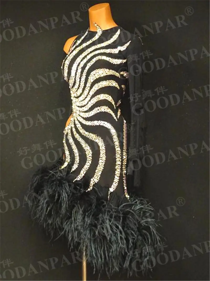 GOODANPAR Sexy Feather Standard Dress Latin Dance Wear Woman Girls Costume Sleeveless Samba Rumba Salsa Competition Clothes