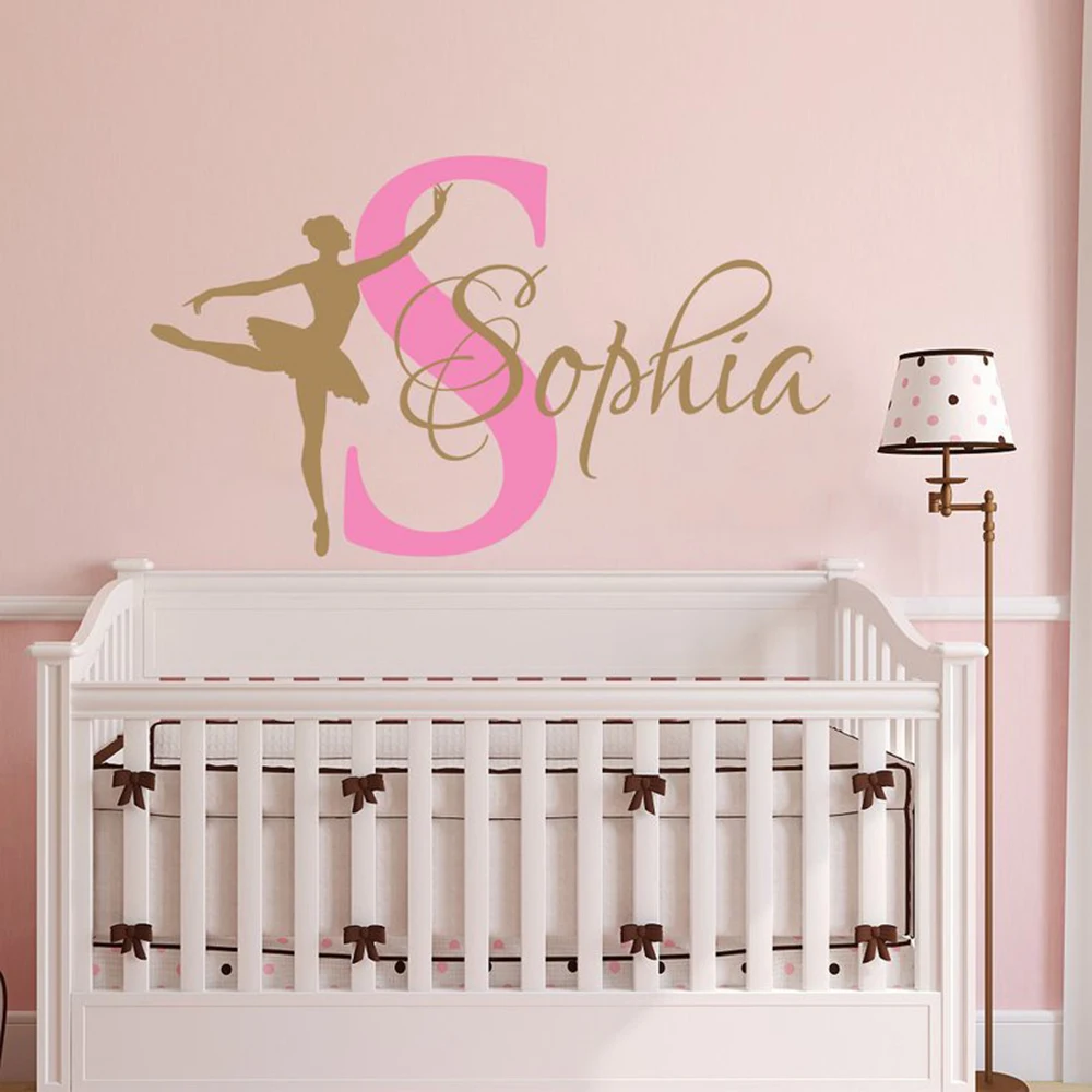 42cm Tall Ballerina Girls Custom Name Wall Stickers For Nursery Ballet Dance Vinyl Decor DIY Decals Personalized Girl LC1216