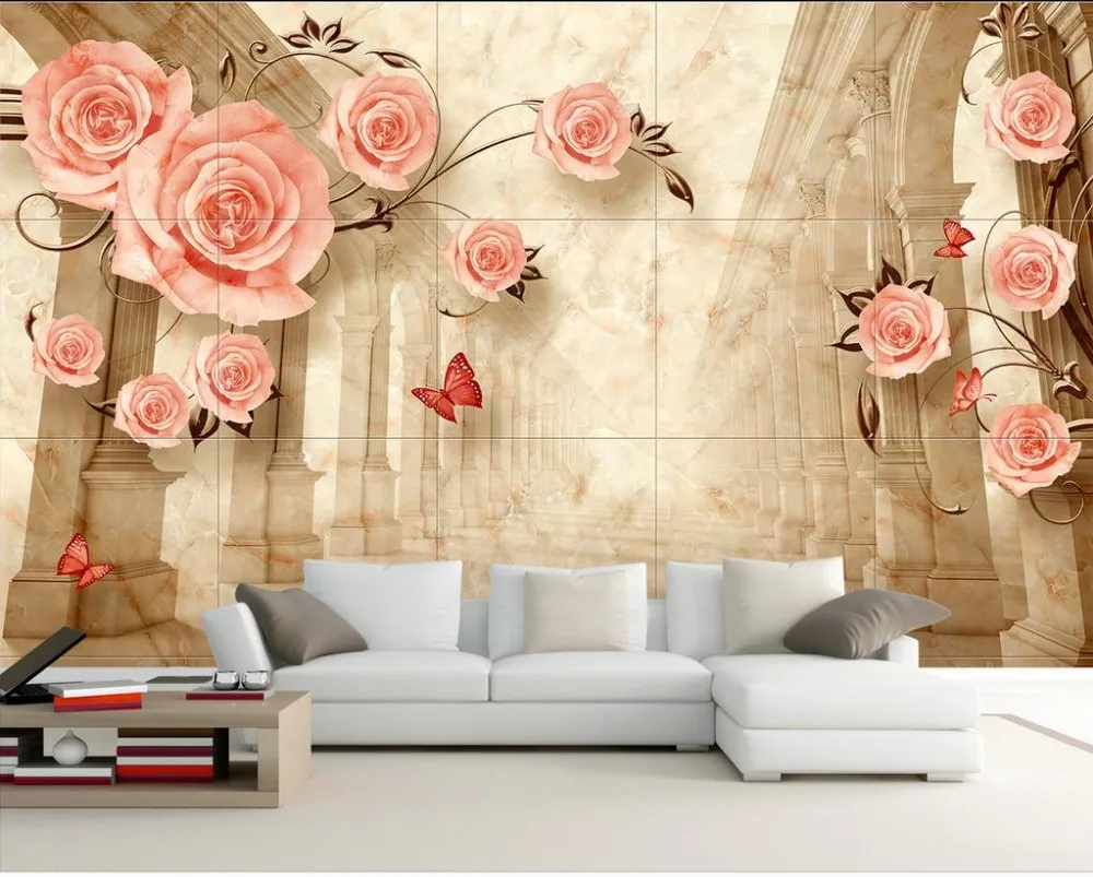 

European-style minimalist aesthetic Marble TV sofa backdrop 3d stereoscopic wallpaper 3d wallpaper flower