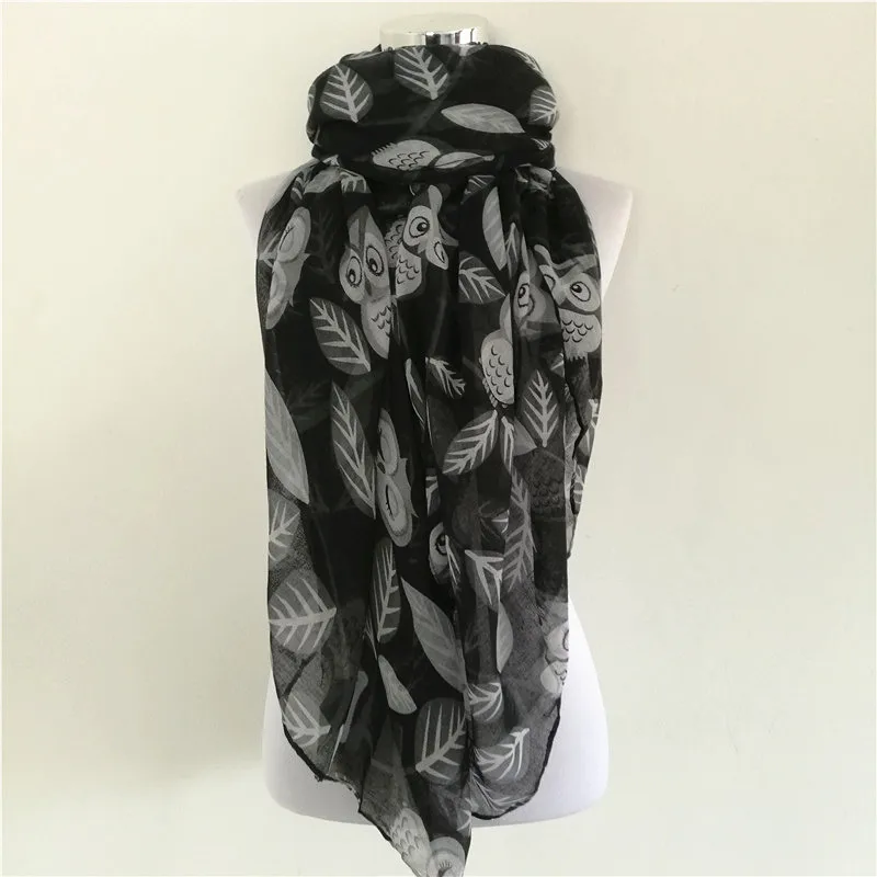 New Cute Animal Black White Blue Cartoon Owl Print Scarf Snood Shawls For Ladies bird long scarf for women scarves