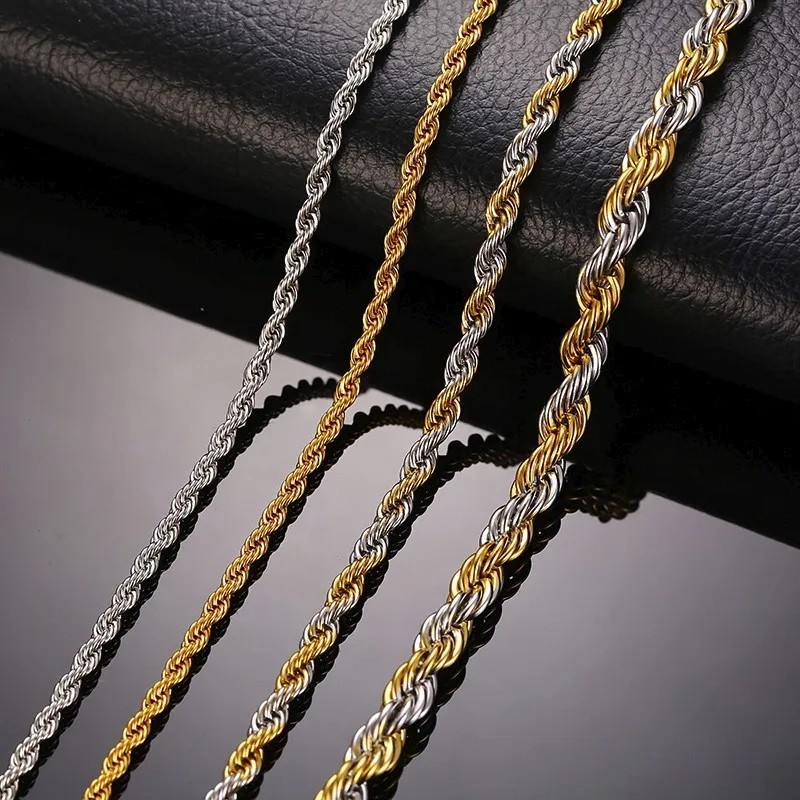 Vnox Stainless Steel Rope Chain Men Necklace Gold Color Twisted Wave Links Basic Chains Choker Unisex Punk Jewelry