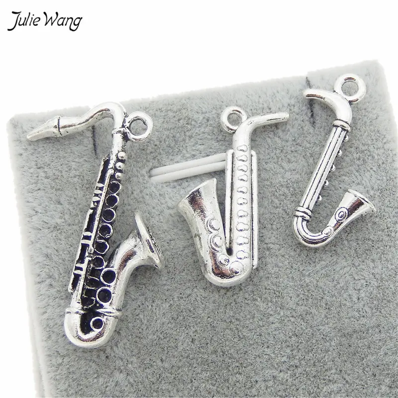 Julie Wang 6pcs Mixed Music Instrument SaxoPhone Charms Antique Silver Color Alloy Pendant Jewelry Keychain Necklace Accessory