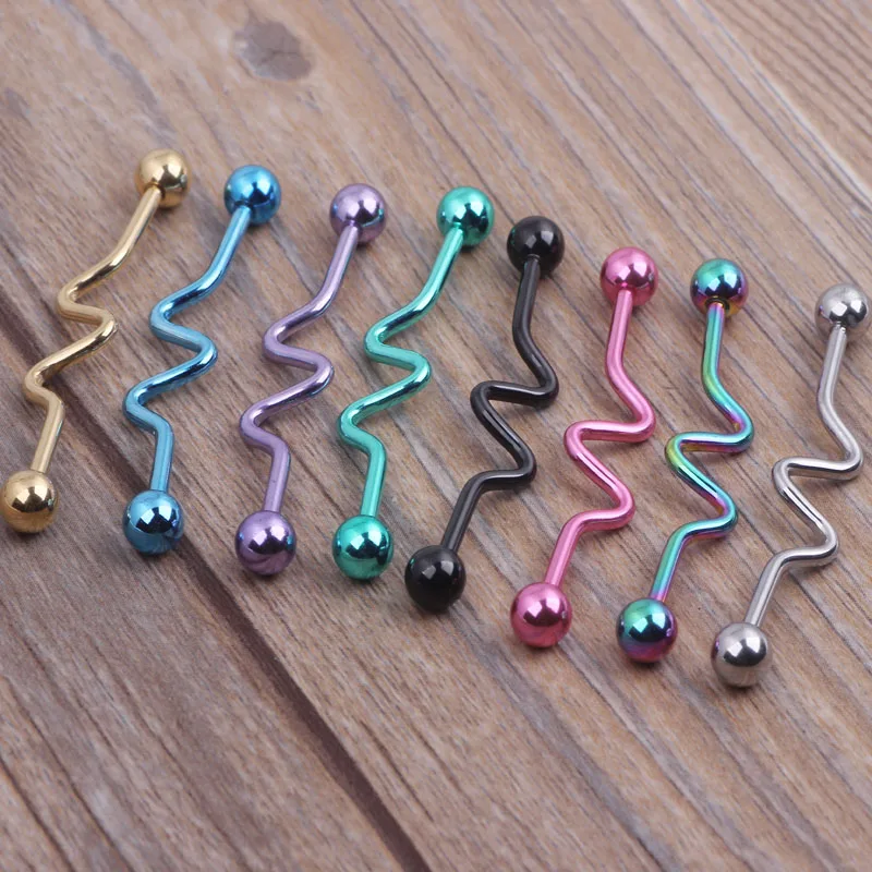 14G 38mm Titanium Anodized Wavy Ball Industrial Barbell Bar Ear Ring Body Jewellery 8 color 80pcs wholesales Bar Earring