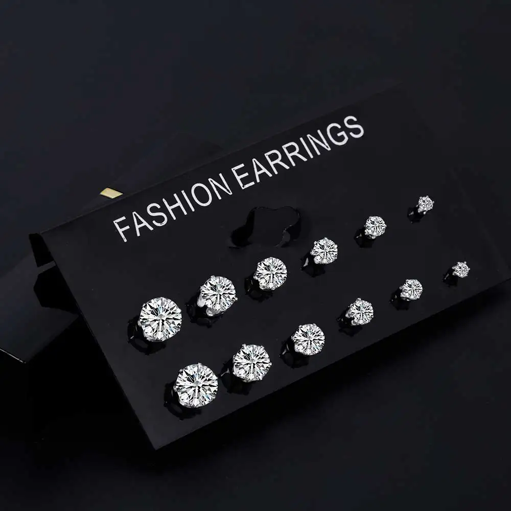 ALIUTOM Fashion 6 Pair/ set Punk Zircon Crystal Stud Earrings Set For Women Round Flower Gothic Design Brincos Jewelry Bijoux