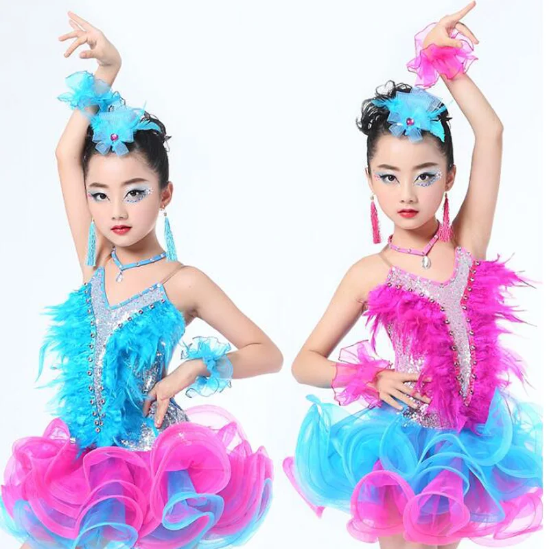 Girls Jazz dancewear costume Kids Modern Latin Sequined Ballroom Party Dancing Dress Child Dancing tutu dress clothes For Girls