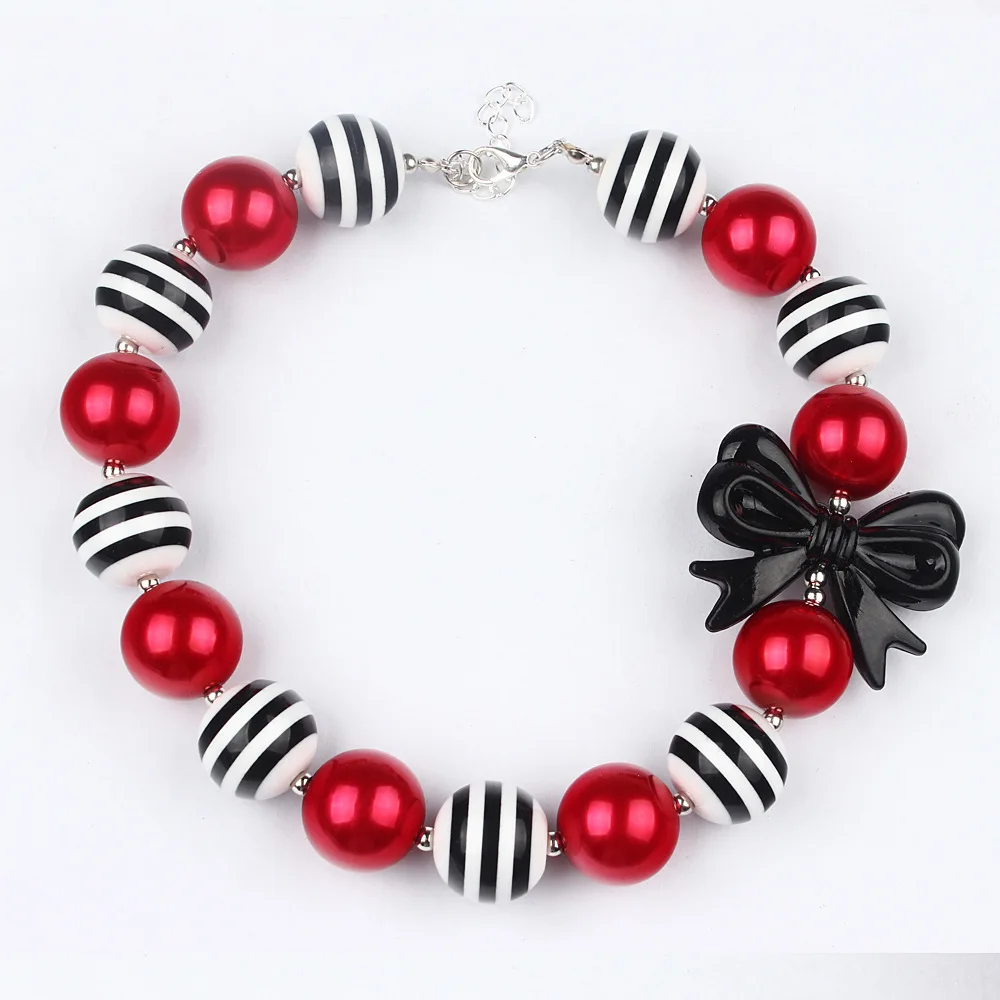 2PCS New Style Kids Girl Bow Necklace Girls Chunky Striped Beads Bubblegum Necklace Toddler Baby Birthday Gift Bowknot Necklaces