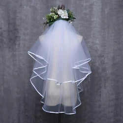 Women Wedding Dress Veil Two Layers Tulle Ribbon Bridal Veils Accessories