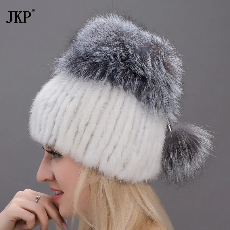 Women Skullies Genuine Winter Fur Hat Mink Fur With Silver Fox Pompoms Top Hats Sale Hot Sale Elastic Fur Cap  DHY17-26CX