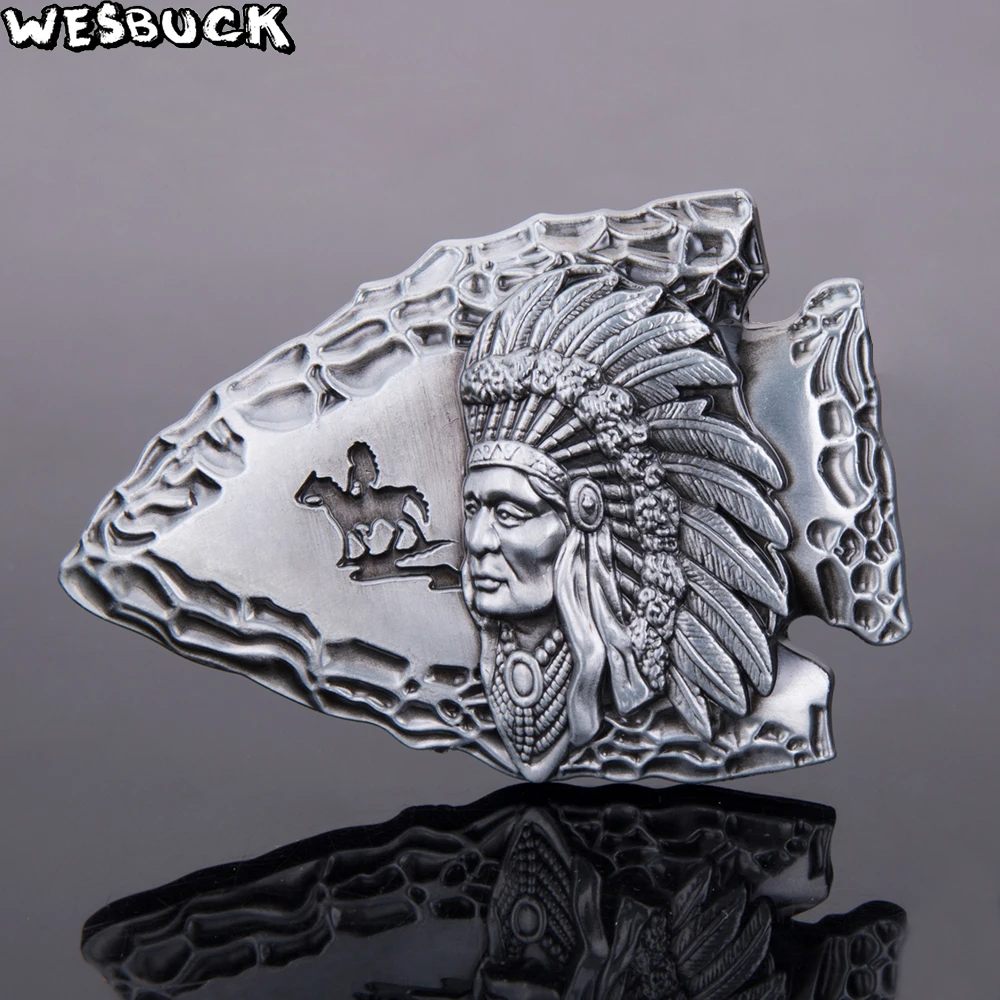 WesBuck Brand Fish Shape Old West Indian Warrior Chief Belt Buckle With Metal Belt Head Woman Man Jeans Jewelry Accessories