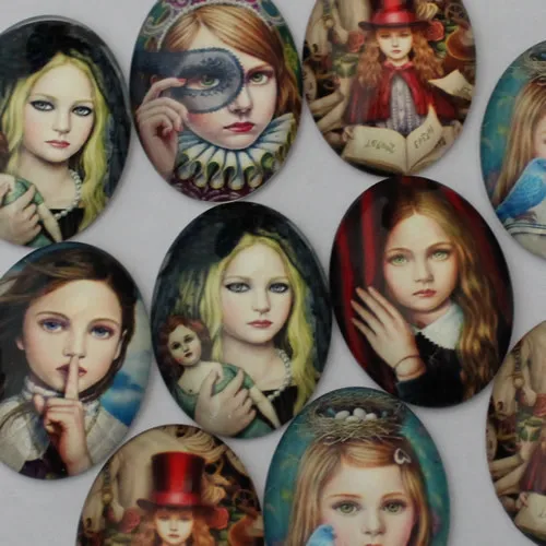 30x40mm Random Mixed Fashion Retro Girl Oval Glass Cabochon Flatback Photo Base Tray Blank DIY Making Accessories 5pcs K02125