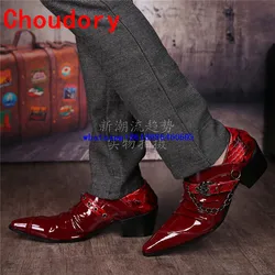 Choudory Mens pointed toe dress shoes  wine red wedding shoes high heels buckle strap leather shoes men fashion oxford shoes