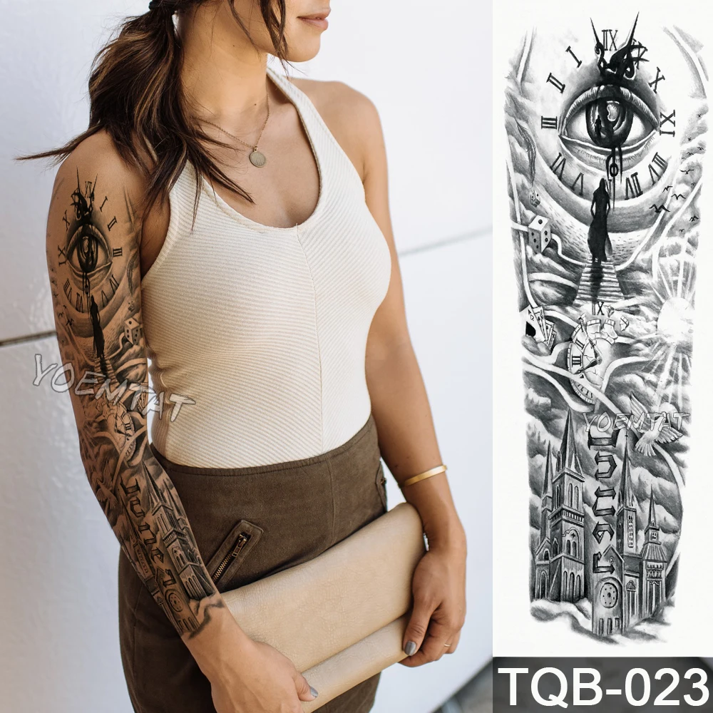 

NEW 48*17cm Full Flower Arm Tattoo Sticker Urban modern clock Temporary Body paint Water Transfer fake Tatoo sleeve