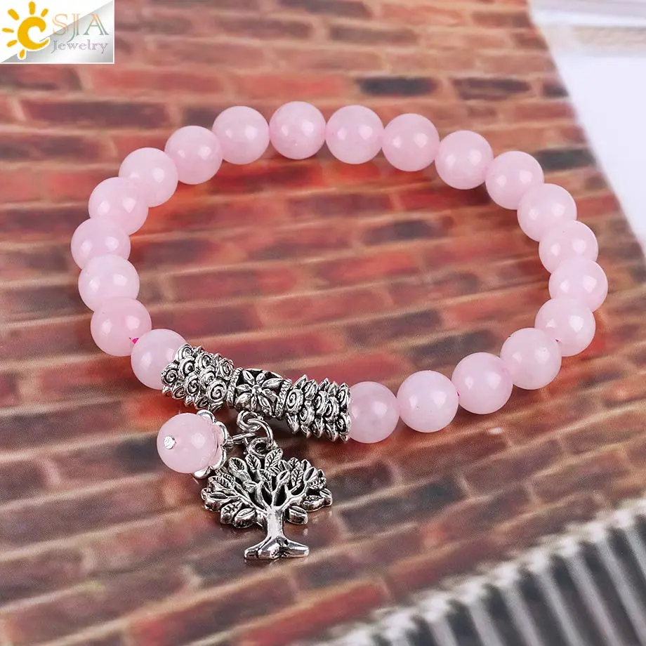 CSJA Reiki Pink Quartz Diffuser Bracelet Natural Crystal Gem Stone Mala Beads Tree of Life Charms Meditation Ethnic Jewelry E723