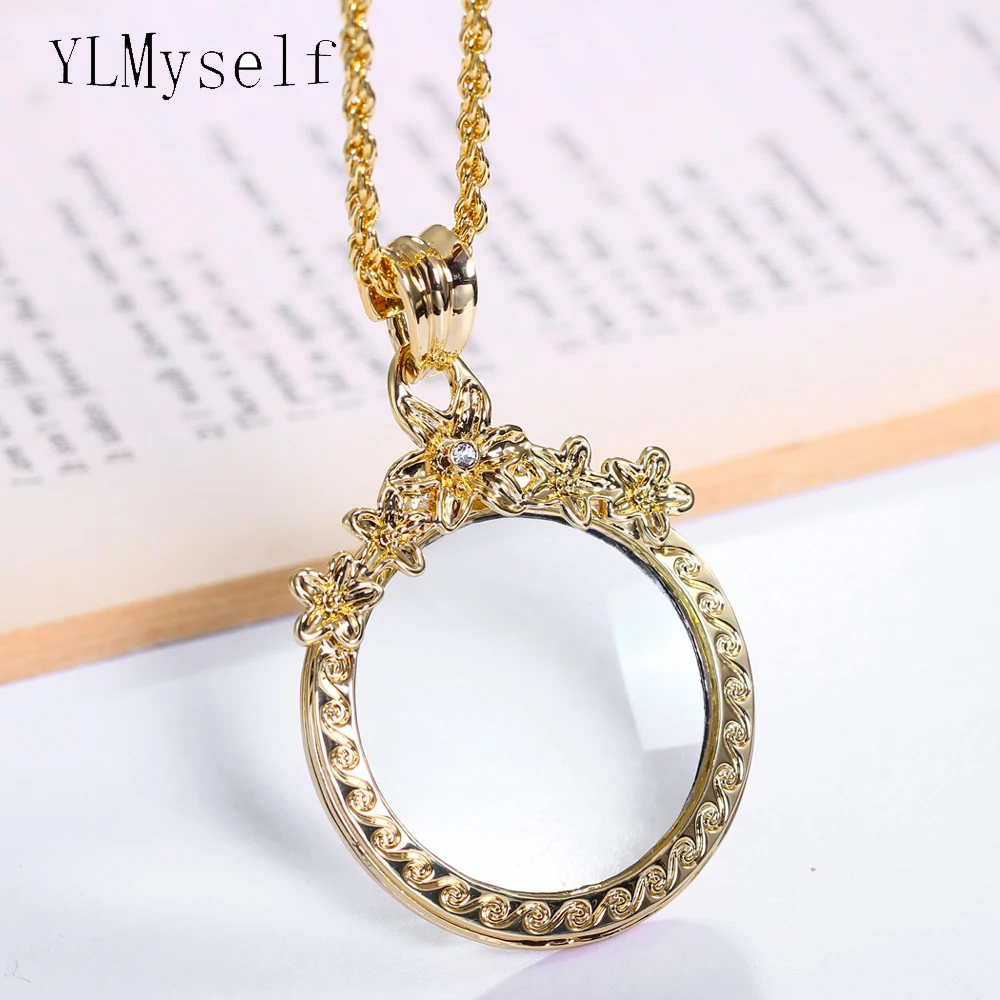 

New Flower Magnifying glasses Pendant for reading Long chain necklace pingentes women's fashion Magnifier necklace