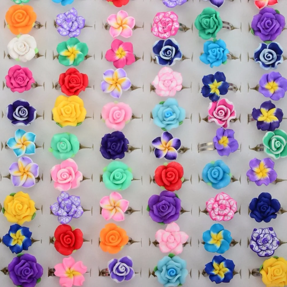 20Pcs /Lots Kids Rings Wholesale Mixed Colors Flower Polymer Clay Finger Ring Adjustable For Children Gift