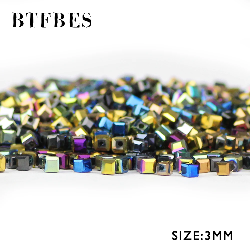 BTFBES Square Shape Austrian Vrystal Beads Quadrate 3MM 100pcs Plating Glass Loose Beads Jewelry Making Handmad DIY Accessories