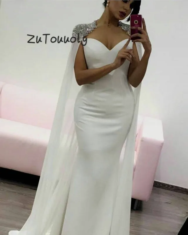 Fitted White Dubai Evening Dress Beaded Mermaid Long Prom Dress With Wrap Plus Size Holiday Formal Turkey Party Customized