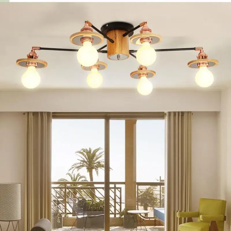 6-arm Art gallery spider ceiling light fixtures Living Room Nordic home office Wood Ceiling Lamp Lamparas E27 bulb not included