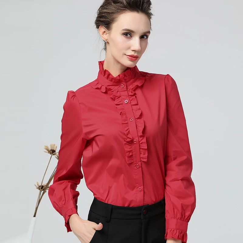 Women White Blouse Ruffled Stand Collar Long Sleeve Button-down Cotton Shirt Loose Plus Size S-4XL Elegant Office Blouses Tops