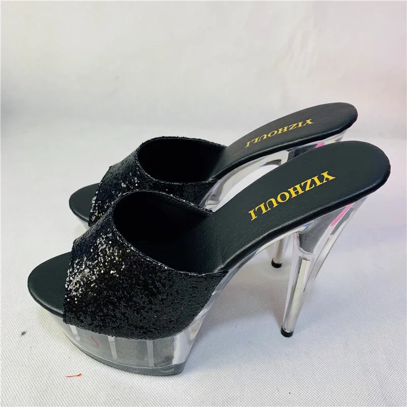 Sexy woman 15 cm high heel waterproof table cool flash powder crystal slippers fashion model Sandals