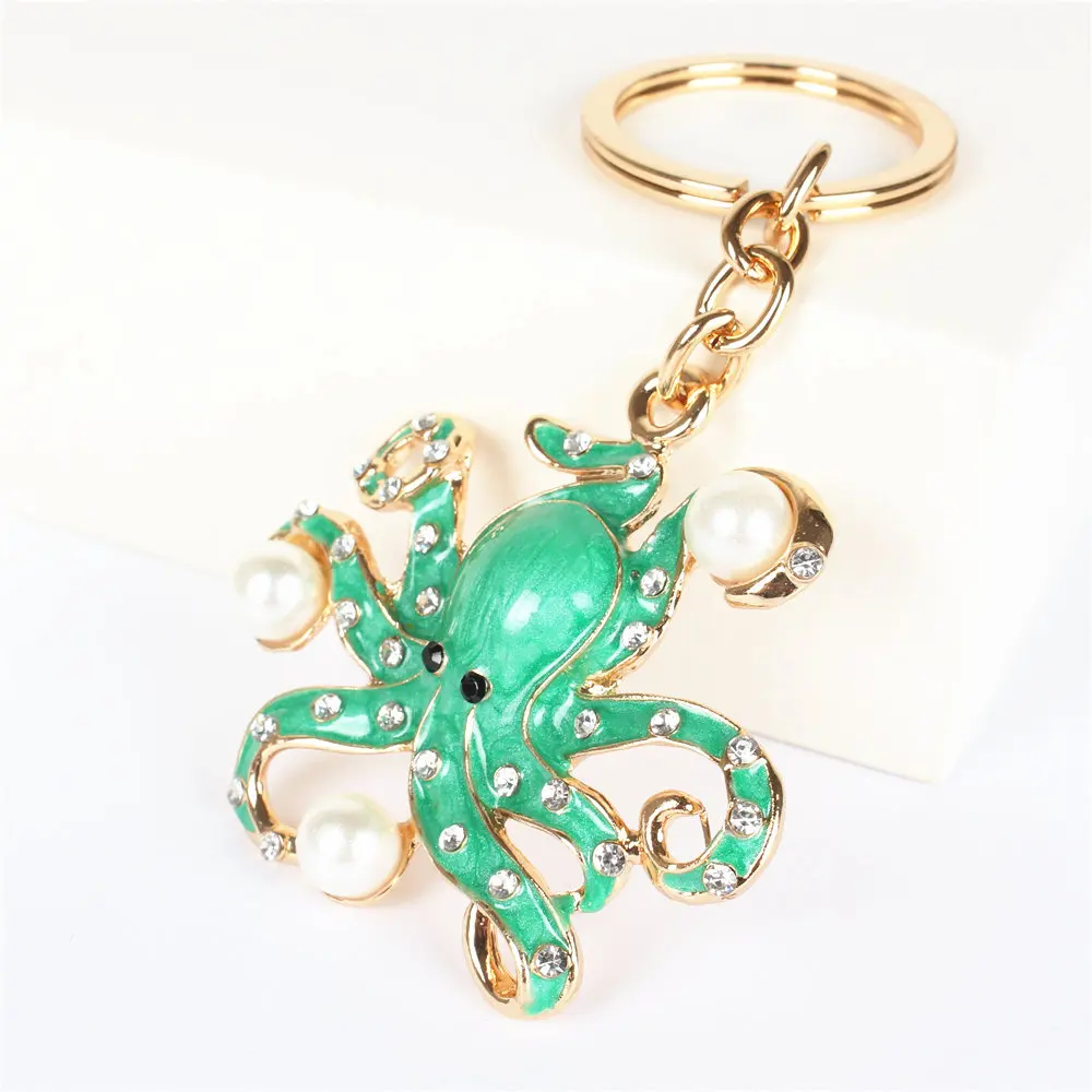 Green Octopus Pearl Cute Crystal Charm Purse Handbag Car Key Keyring Keychain Party Wedding Birthday Gift