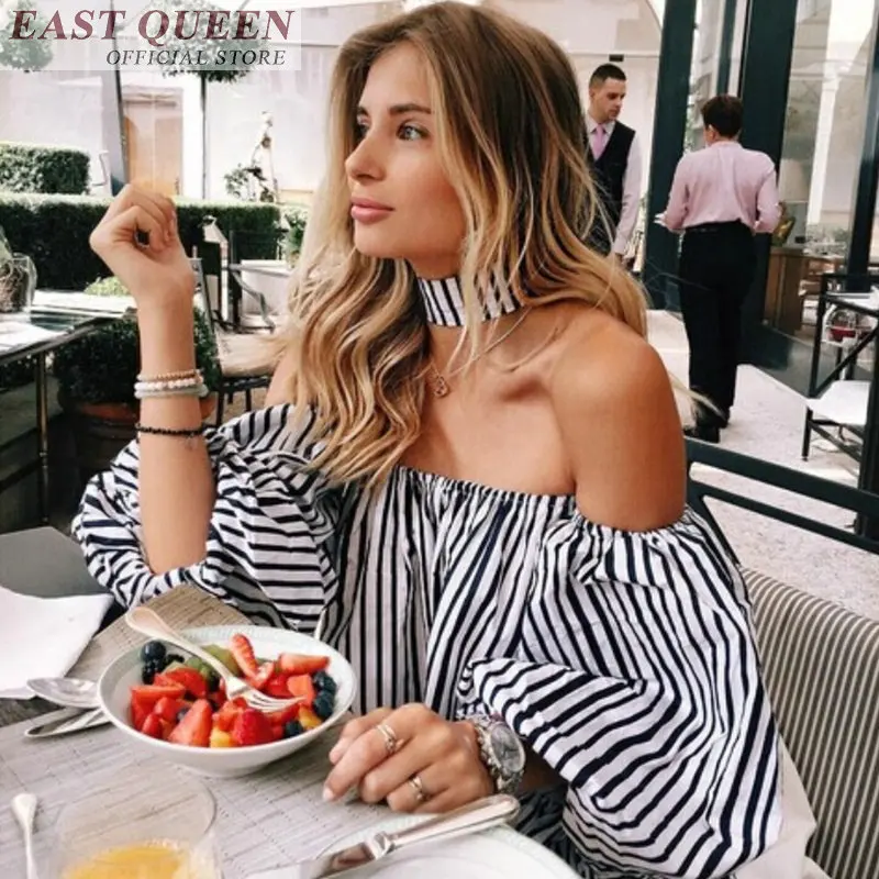 Sexy off shoulder striped blouse shirts for women chiffon half flare sleeve backless streetwear o-neck feminine shirt DD857 L