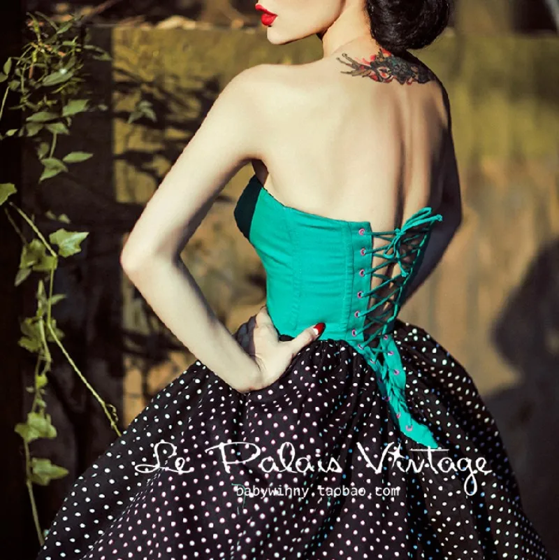 le palais Europe Palace Sweet Lolita Vintage Lady Polka Dot Emerald Color Block Bandage High Waist Dress Tube Top Sexy Dress