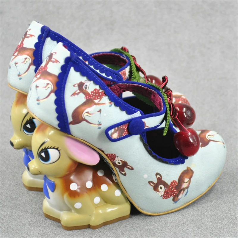 Vivid Painted Deer Heel Bridal Wedding Shoes New Design Cherry Belt Buckle Printed Color Strange High Heel Shoes Woman