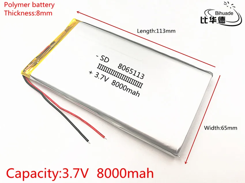 2pcs/Lot 3.7V 8000mAh 8065113 Rechargeable li Polymer Li-ion Battery For Bluetooth