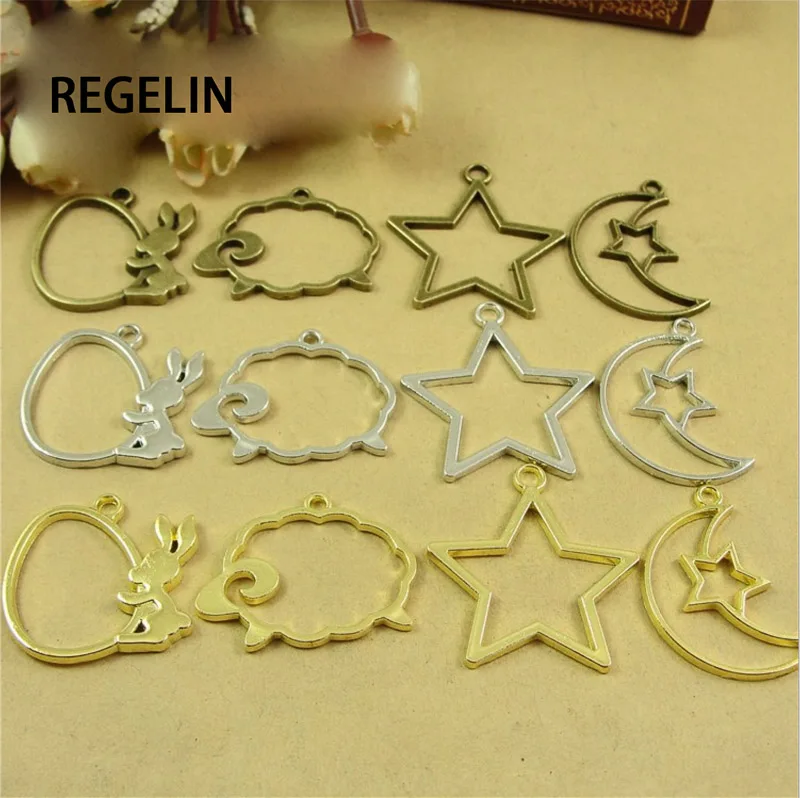 REGELIN 10pcs/lot animals Star shape UV Resin Charm magic bar Metal Frame Pendant Gold Charm Bezel Setting Cabochon Setting