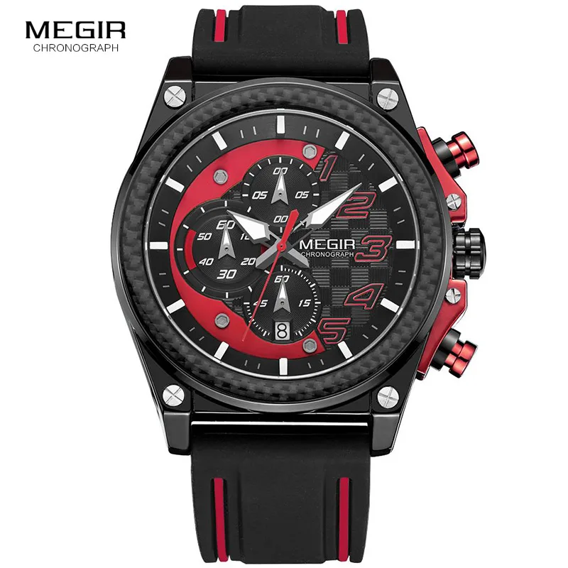 Megir Men\'s Chronograph Quartz Watches for Male Waterproof Luminous Wristwatch with Rubber Strap for Boys Man 2051G-1N8