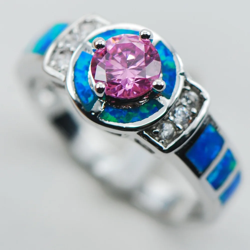 

Pink Crystal Zircon Blue Opal 925 Sterling Silver Ring Size 6 7 8 9 10 R1311