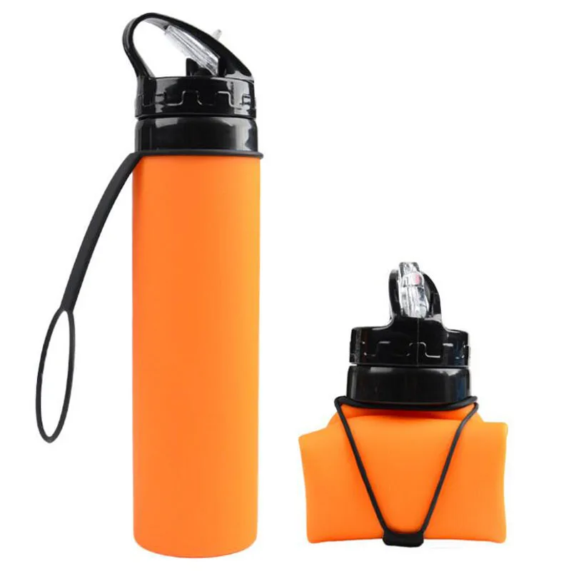 Outdoor Bottles 600ml Eco-Friendly Silicone Travel Sport Flexible Collapsible Water Bottles Foldable Drinkware With Straw Bottle