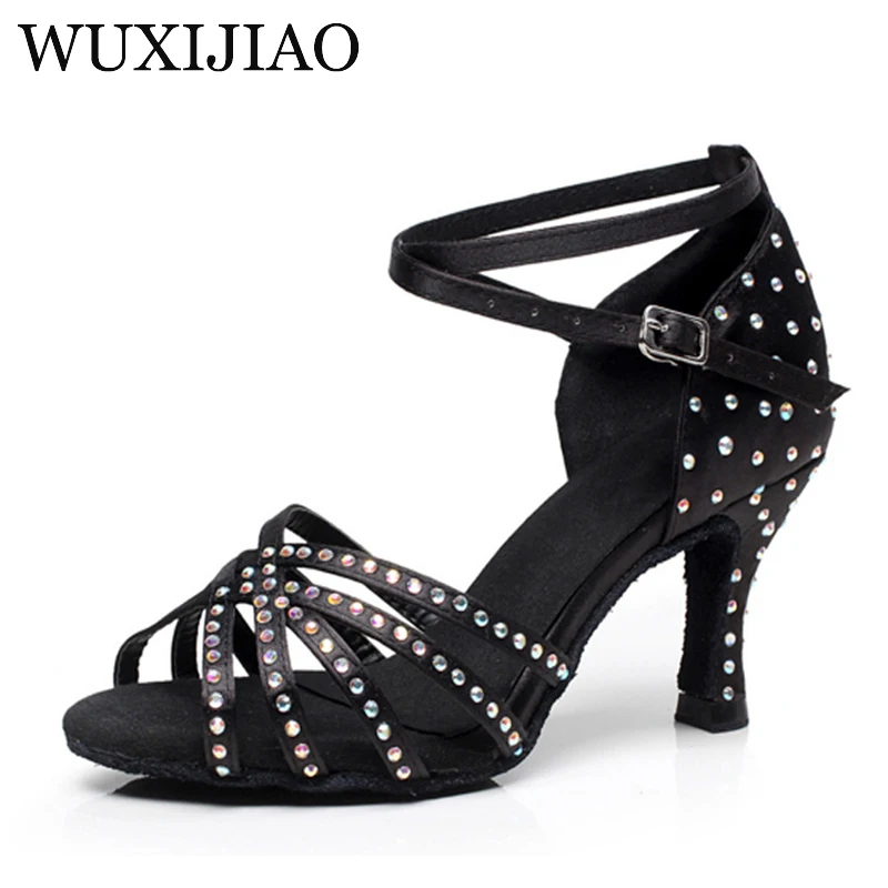 Wuxijiao-ラインストーン付きラテンサテンダンスシューズ,女性用,社交ダンス用,サルサ用,ヒール5〜10 cm
