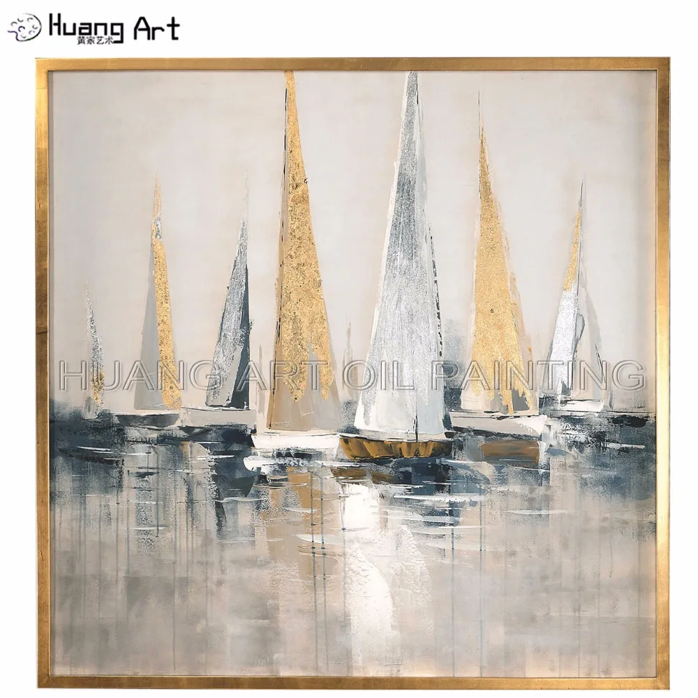 

New Arrival Beautiful Painting Hand-painted High Quality Gold and Silver Sailboat Oil Painting for Room Decor Landscape Painting