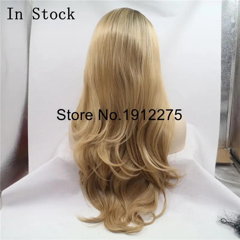 Sylvia Ombre Bruin Blond Natuurlijke Golvend Zijscheiding Hittebestendige Vezel Synthetische Lace Front Pruik Voor Vrouwen 2 Tones Lijmloze haar