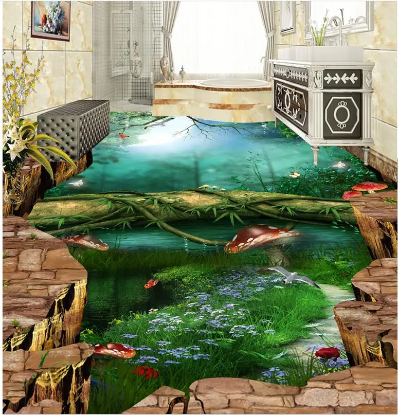 

bathroom floor wallpaper Cliffs Dream Forest Path Bathroom Kitchen 3d pvc wallpaper Floor Home Decoration