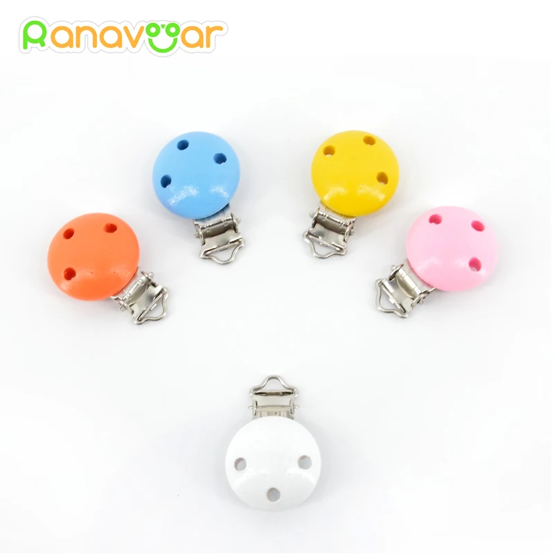 5 PCS Wood Baby Pacifier Clips Natural Color Painting Colorful Wooden Round With Metal Holders Kids Feeding 4.5cm x 2.8cm