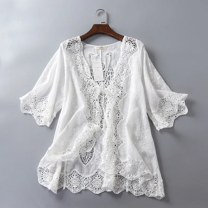 Lace Cardigan Cotton Embroidery Shawl with Belt Seaside Holiday Blouse Top Shirt Women Hollow Out Spring Korean Fashion Clothing