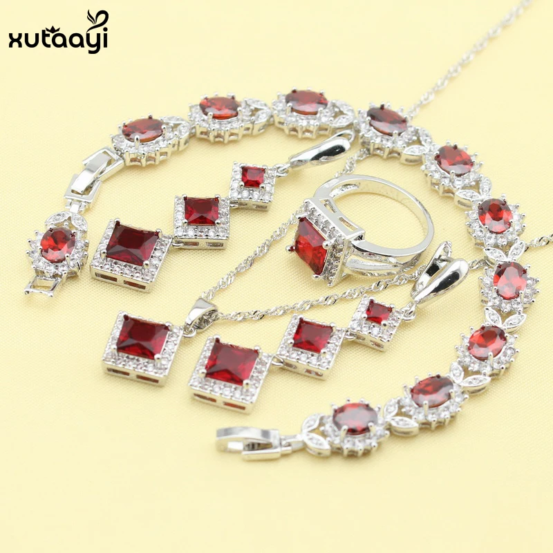 XUTAAYI  Silver Jewelry Sets Red Synthetic Garnet Superb Necklace/Rings/Earrings/Bracelet For women Free Gift