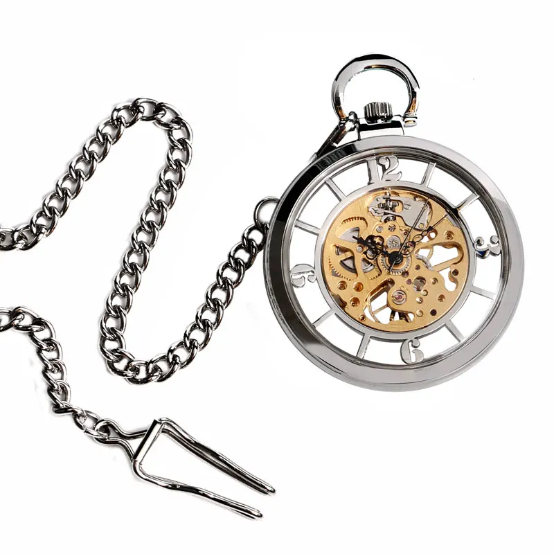 Silver Transparent Hand Wind Mechanical Pocket Watch Men Women Open Face Vintage Steampunk Skeleton Clock Pendant Chain Gift