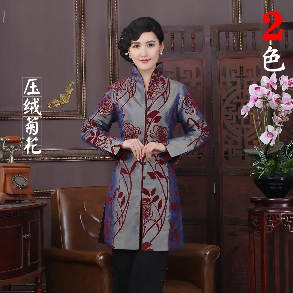 Hot Sale Gray Chinese Tradition Women's Flocking Lengthen Coats Dust Coat Trench Vintage Tang Suit Size M L XL XXL 3XL