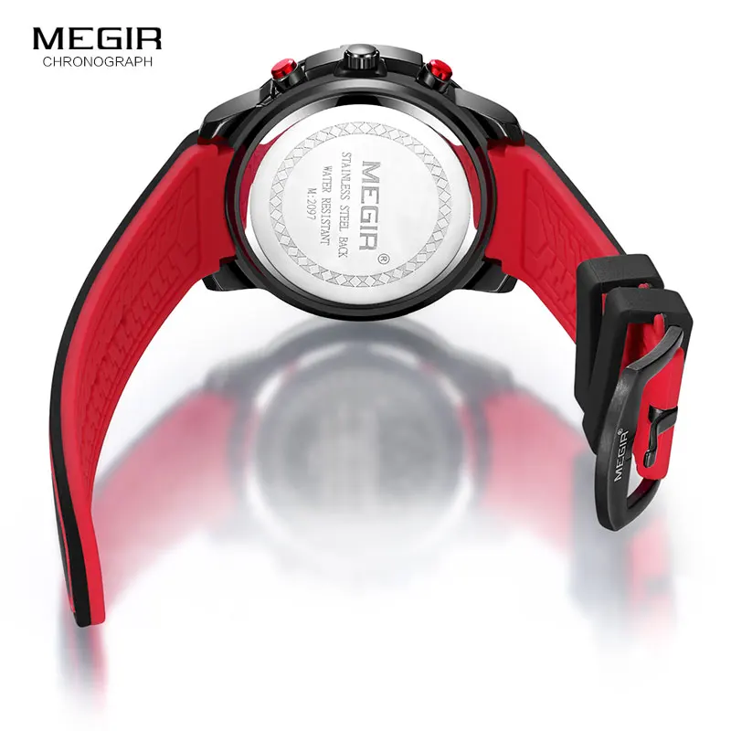 Megir Men\'s Sports Quartz Watches Army Military Chronograph Wristwatch for Man Luminous Relogios Masculino Clock  2097 Black Red