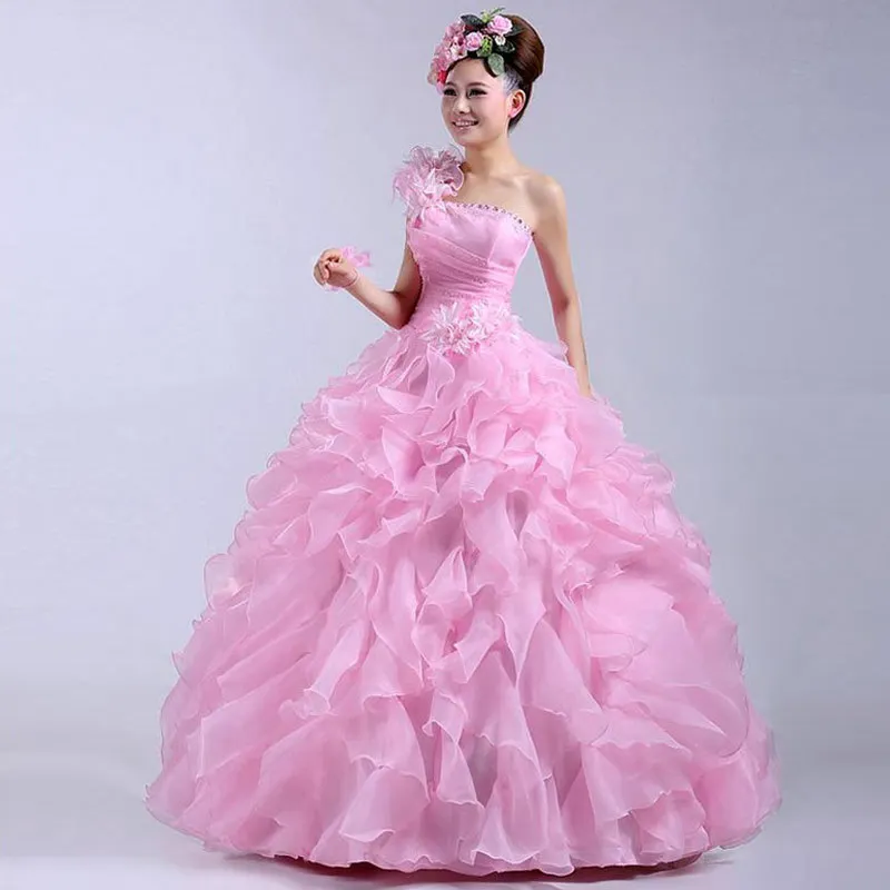 Ladybeauty 2019 New Colorful Organza A line Beading Ruched One Shoulder Wedding Dress Bride Beautiful lacing  Party Dresses