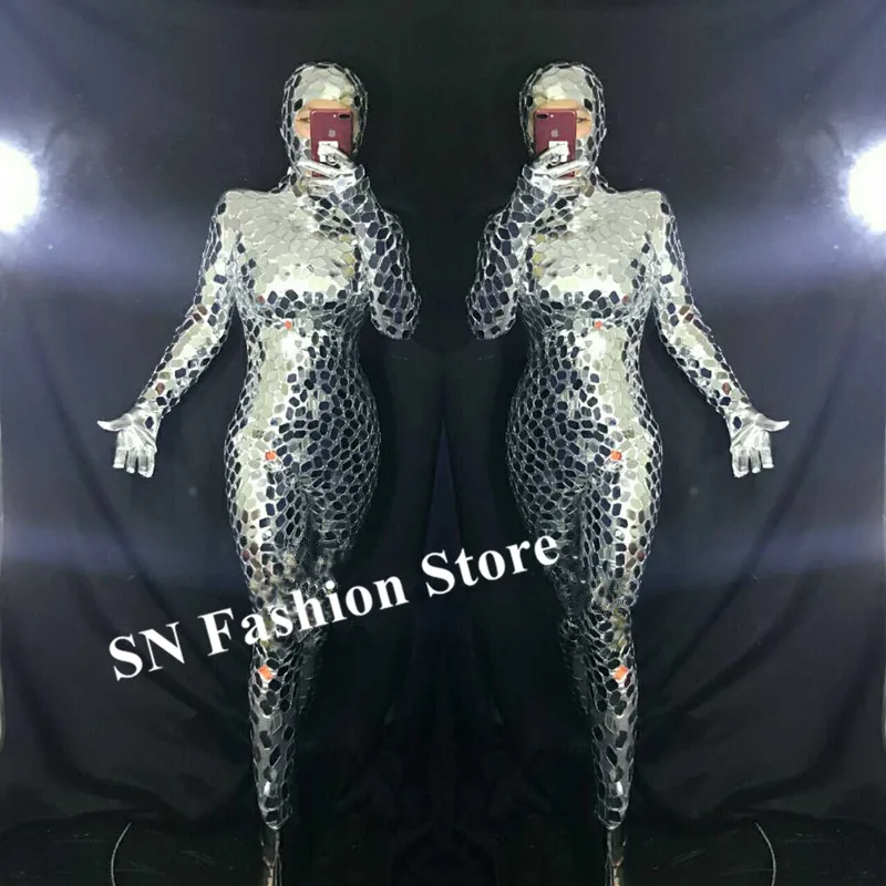 R29 Silver mirror female bodysuit dj stage performance wears outfits bar jumpsuit tight robot women ballroom dance costumes club