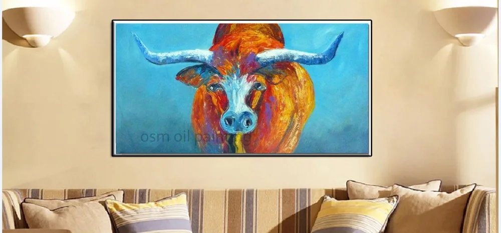 

Hand Painted Modern Spain Bullfight Animal Canvas Painting Wall Artwork Handmade Yellow Cow Decorative Oil Painting on Canvas